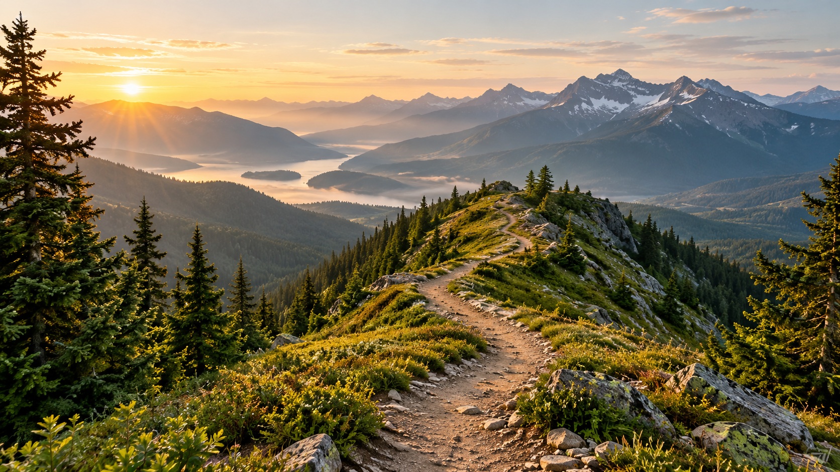A mountain ridge trail opening toward distant peaks